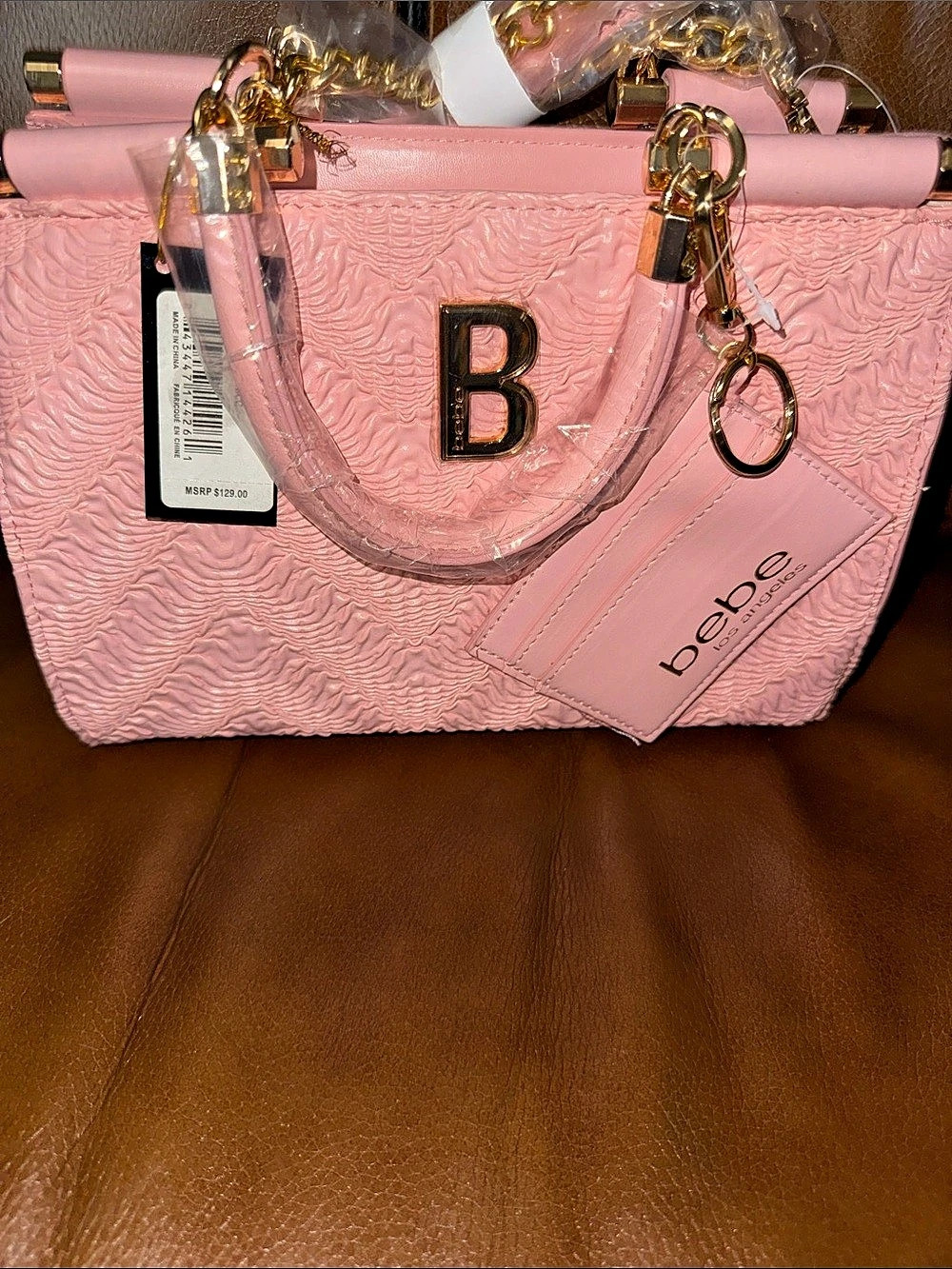 bebe Nola Small Satchel Textured Logo Shoulder Bag in Pink NWT